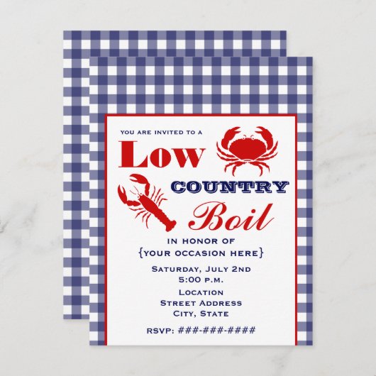 低地諸国の沸騰カニ及びロブスターの青のギンガム 招待状 (正面/裏面)