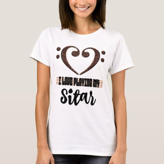 低音部記号のハート 私のシタールを弾くのが好き Tシャツ (正面)