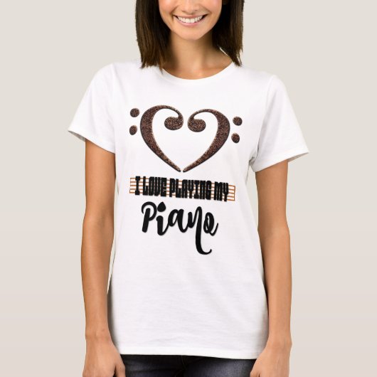 低音部記号の音楽的なハート 私はピアノを弾くのが大好き Tシャツ (正面)