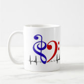 低音部記号ハートEKG波ネイビーブルー&レッド コーヒーマグカップ (左)