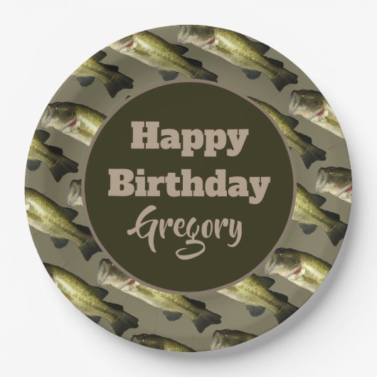 低音魚釣りハッピーバースデーパーソナライズされたパーティー ペーパープレート (正面)