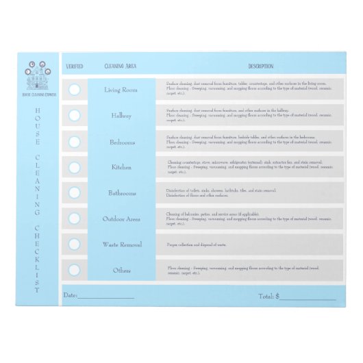 住宅清掃チェックリストと予算メモ帳 ノートパッド (正面)