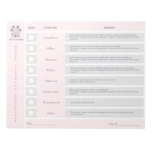 住宅清掃チェックリストと予算メモ帳 ノートパッド (正面)