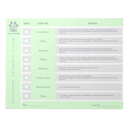 住宅清掃チェックリストと予算メモ帳 ノートパッド (正面)