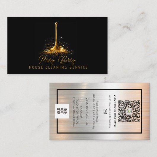 住宅清掃メイドサービス金ゴールドモップロゴ 名刺 (正面/裏面)