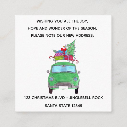 住所お知らせクリスマスプレゼント付きグリーンカー エンクロージャーカード (裏面)