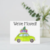 住所お知らせクリスマスプレゼント付きグリーンカー ポストカード (スタンド正面)