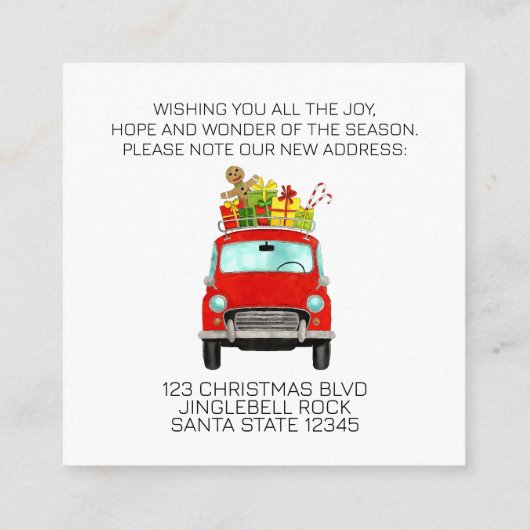 住所お知らせ赤い車とクリスマスプレゼント エンクロージャーカード (裏面)