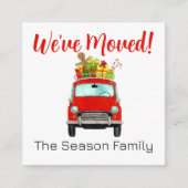 住所お知らせ赤い車とクリスマスプレゼント エンクロージャーカード (正面)