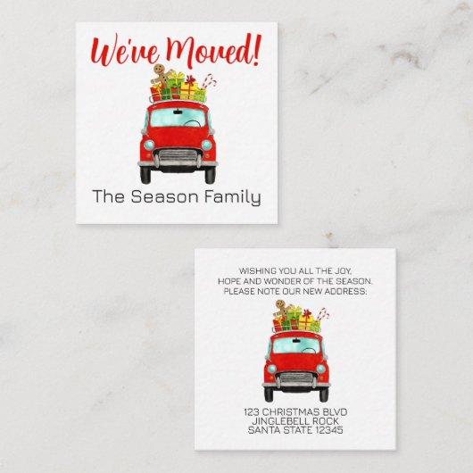 住所お知らせ赤い車とクリスマスプレゼント エンクロージャーカード (正面/裏面)