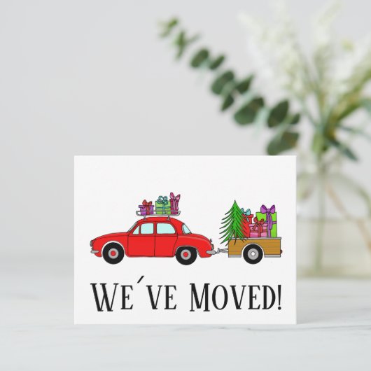 住所お知らせ赤い車とクリスマスプレゼント ポストカード (スタンド正面)