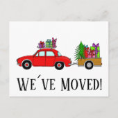 住所お知らせ赤い車とクリスマスプレゼント ポストカード (正面)