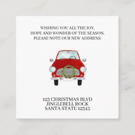 住所お知らせ赤い車とクリスマスリース エンクロージャーカード (裏面)