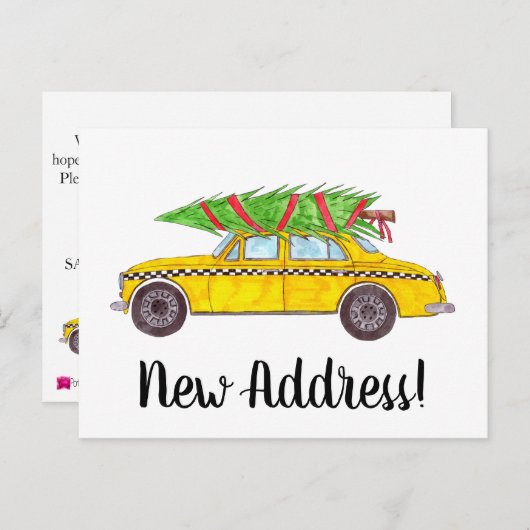 住所お知らせ黄色のタクシーのクリスマスツリー ポストカード (正面/裏面)