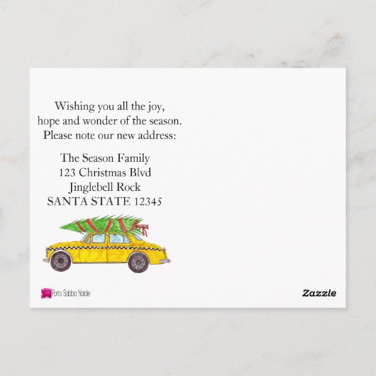 住所お知らせ黄色のタクシーのクリスマスツリー ポストカード (裏面)