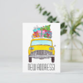 住所お知らせ黄色のタクシーのクリスマスプレゼント ポストカード (スタンド正面)