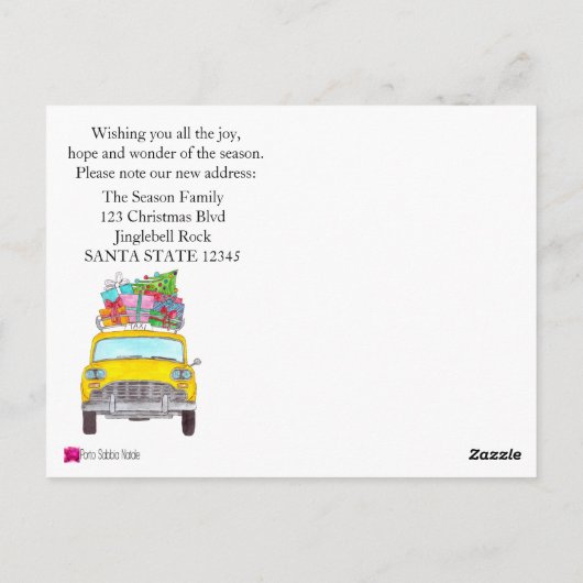 住所お知らせ黄色のタクシーのクリスマスプレゼント ポストカード (裏面)