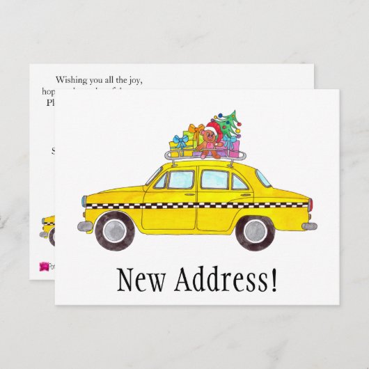 住所お知らせ黄色のタクシーのクリスマスプレゼント ポストカード (正面/裏面)