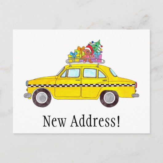 住所お知らせ黄色のタクシーのクリスマスプレゼント ポストカード (正面)