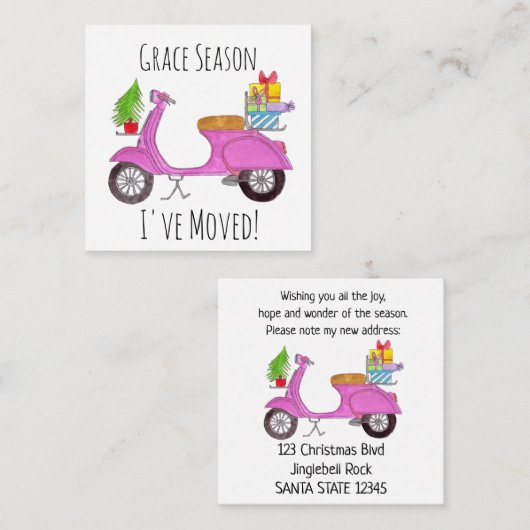 住所お知らせ、クリスマススクーターとギフト エンクロージャーカード (正面/裏面)