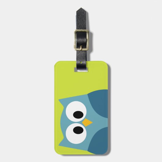 住所と電話番号がついたかわいい漫画フクロウ ラゲッジタグ (正面縦)