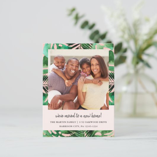 住所の変更の水色の葉写真赤面 案内ポストカード (スタンド正面)