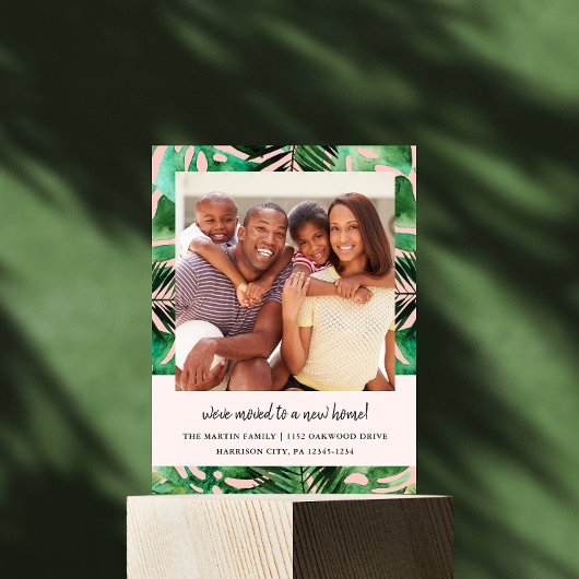 住所の変更の水色の葉写真赤面 案内ポストカード