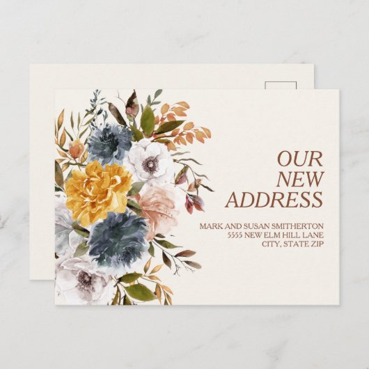 住所の変更イエローブルーラストオータムフローラ ポストカード (正面/裏面)