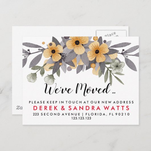 住所の変更グレーと黄色のフローラ 案内ポストカード (正面/裏面)