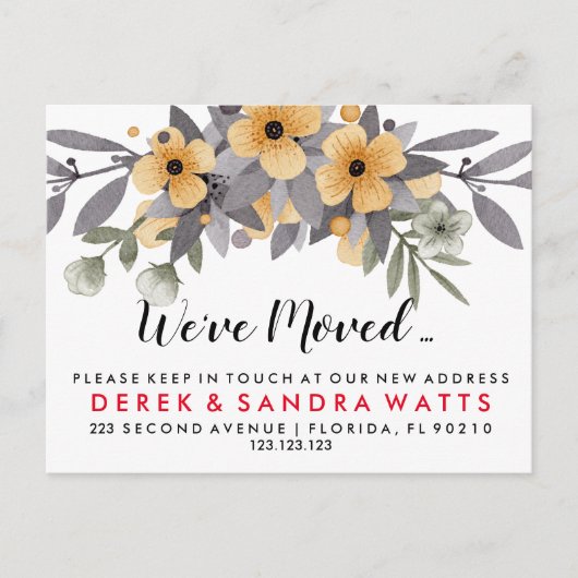住所の変更グレーと黄色のフローラ 案内ポストカード (正面)