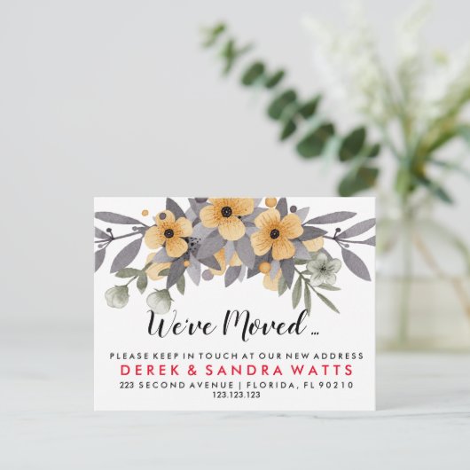 住所の変更グレーと黄色のフローラ 案内ポストカード (スタンド正面)