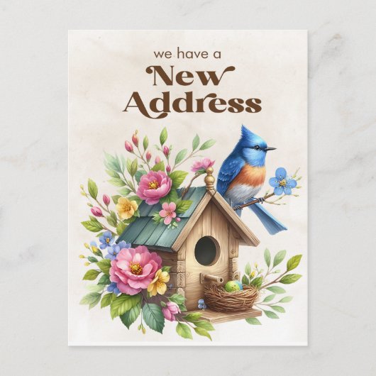 住所の変更バードハウスブルーバードフラワー 案内ポストカード (正面)