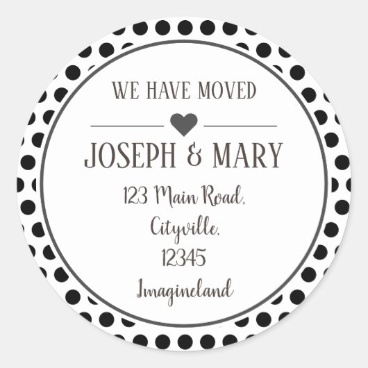 住所の変更ブラック水玉模様 ラウンドシール (正面)