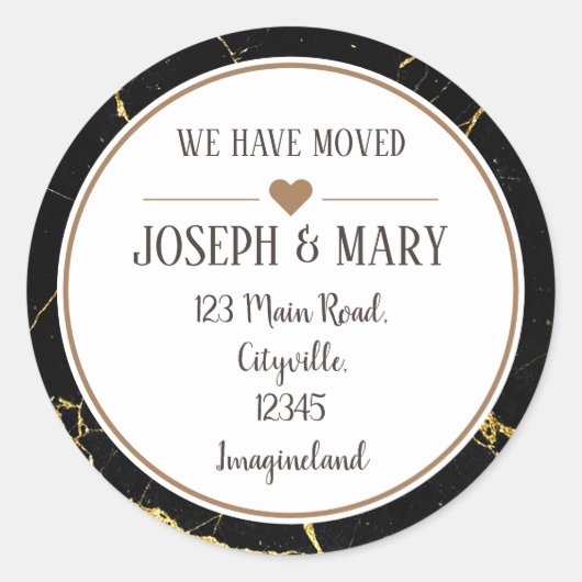 住所の変更ブラック金ゴールド大理石モダン ラウンドシール (正面)