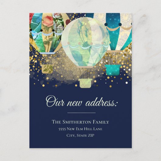 住所の変更ヴィンテージ熱気球グリッター 案内ポストカード (正面)