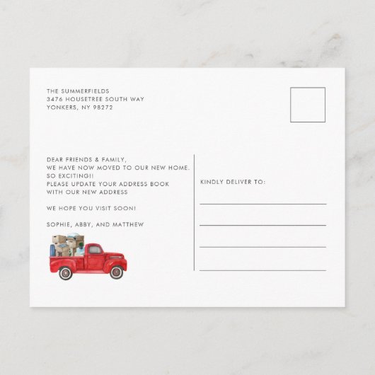 住所の変更水彩赤トラック移動 案内ポストカード (裏面)