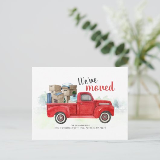 住所の変更水彩赤トラック移動 案内ポストカード (スタンド正面)