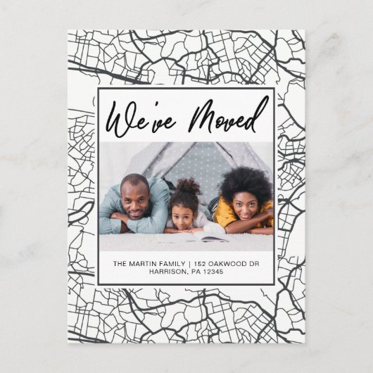 住所の変更白黒マップデザイン写真 案内ポストカード (正面)