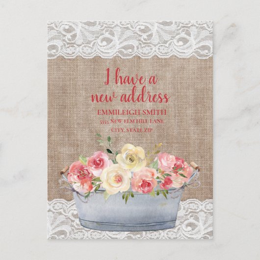 住所の変更Metal Tub Pink Cream Flowers ポストカード (正面)