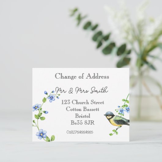 住所の水色の鳥の変更 案内ポストカード (スタンド正面)