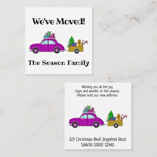 住所アナウンス紫色の車のクリスマスプレゼント エンクロージャーカード (正面/裏面)