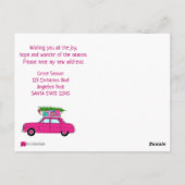 住所アナウンス紫色の車のクリスマスプレゼント ポストカード (裏面)