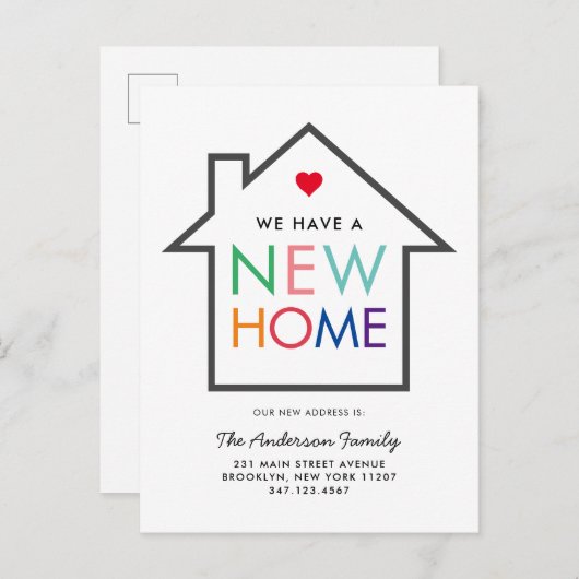 住所カラフルの新しい自宅変更の移動 案内ポストカード (正面/裏面)