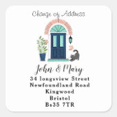 住所ステッカーの変更ブルーフロントドア&猫 スクエアシール (正面)