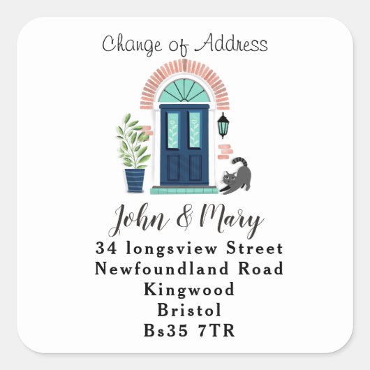 住所ステッカーの変更ブルーフロントドア&猫 スクエアシール (正面)