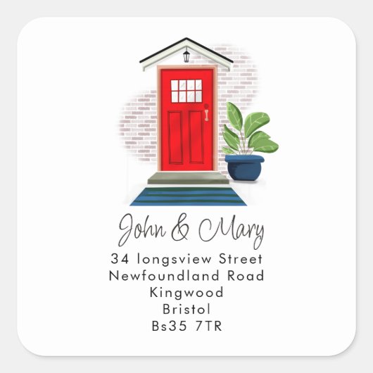 住所ステッカーの赤い玄関 スクエアシール (正面)