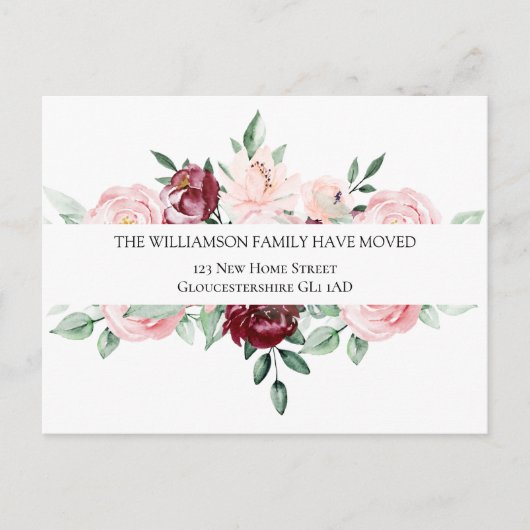 住所変更のお知らせ 優雅な花模様 案内ポストカード (正面)