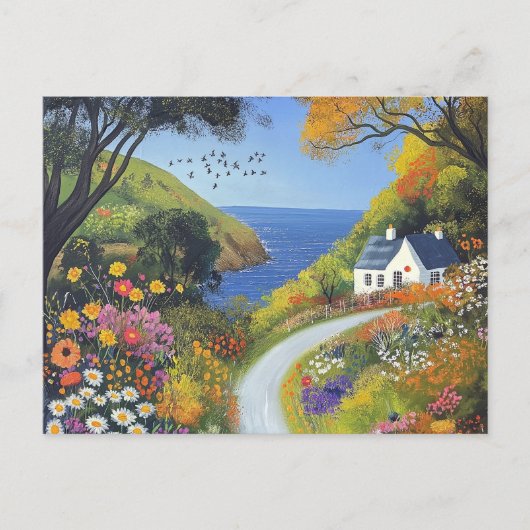 住所変更 海辺のコテージと花 ポストカード (正面)