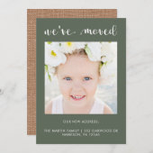 住所変更　素朴な麻の織物調のデザインに写真付き 案内状 (正面/裏面)