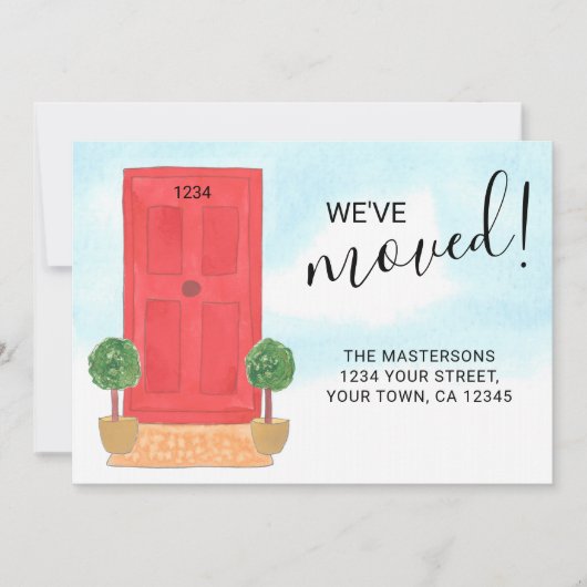 住所引っ越しました赤ドア水色の変更 案内状 (正面)